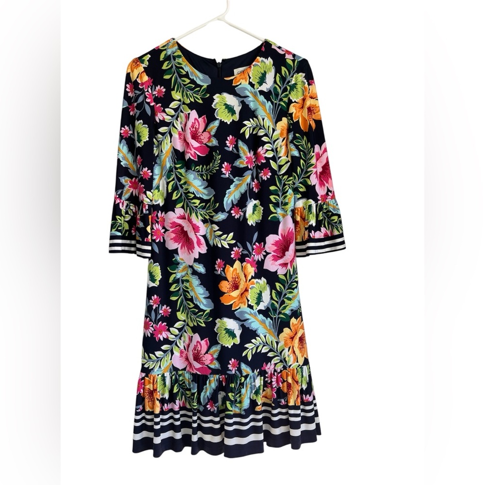 ELIZA J women’s navy blue pink orange yellow back zip ruffle shift dress size 4 - Picture 2 of 7